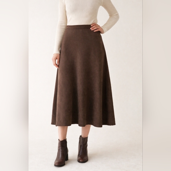 Vintage Dresses & Skirts - Brown Faux Suede Midi Skirt Back Zip & Elastic Waist A-Line Vintage Size 18